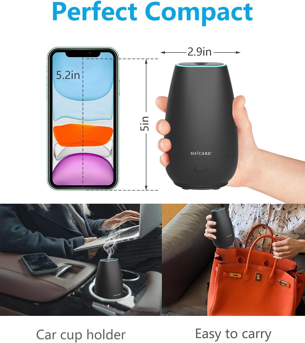 Car Diffuser for Essential Oils, Small Portable Car Essential Oil Diffuser with Built-in USB Cable, Mini Aromatherapy Air Scent Humidifier Diffuser for Travel/Office/Home (Elegant Black)