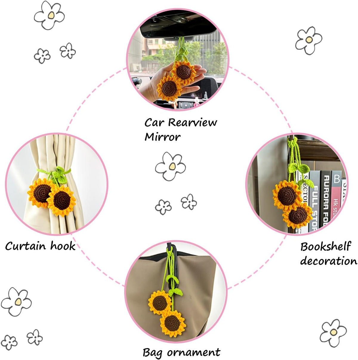 Refintural 2 Pieces Handmade Sunflower Car Accessories Sunflower Pendants Car Mirror Hanging Accessories
