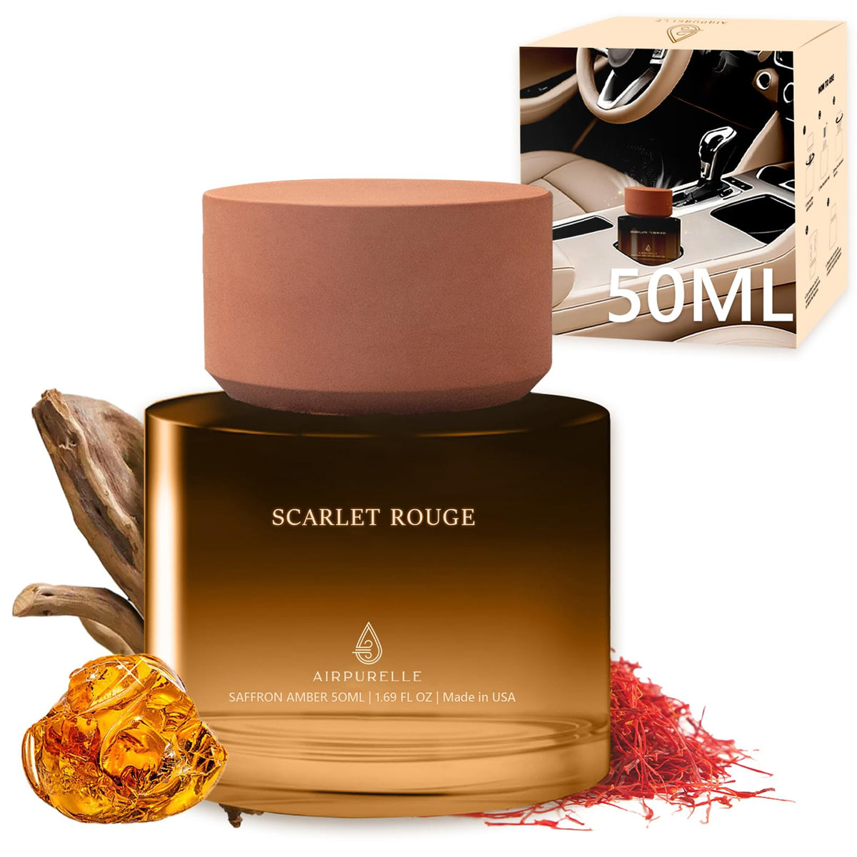 Car Air Freshener 50ML (1.7 FL OZ) Car Air Fresheners Diffuser, Amber Vanilla Fragrance Oil Car Air Freshner, 180+ days Long Lasting Car Perfume, Wooden Cup Design, Made in USA