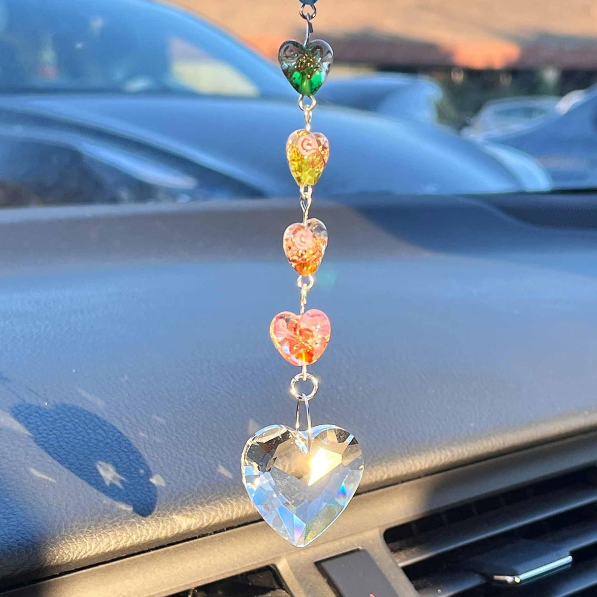Crystal Suncatcher Charm for Car Rear View Mirror, 7 Chakras Rainbow Glass Chanderlier Prisms Hanging Car Charm, Sun Catcher Ornament Window Wall Home Décor (Rainbow Heart)