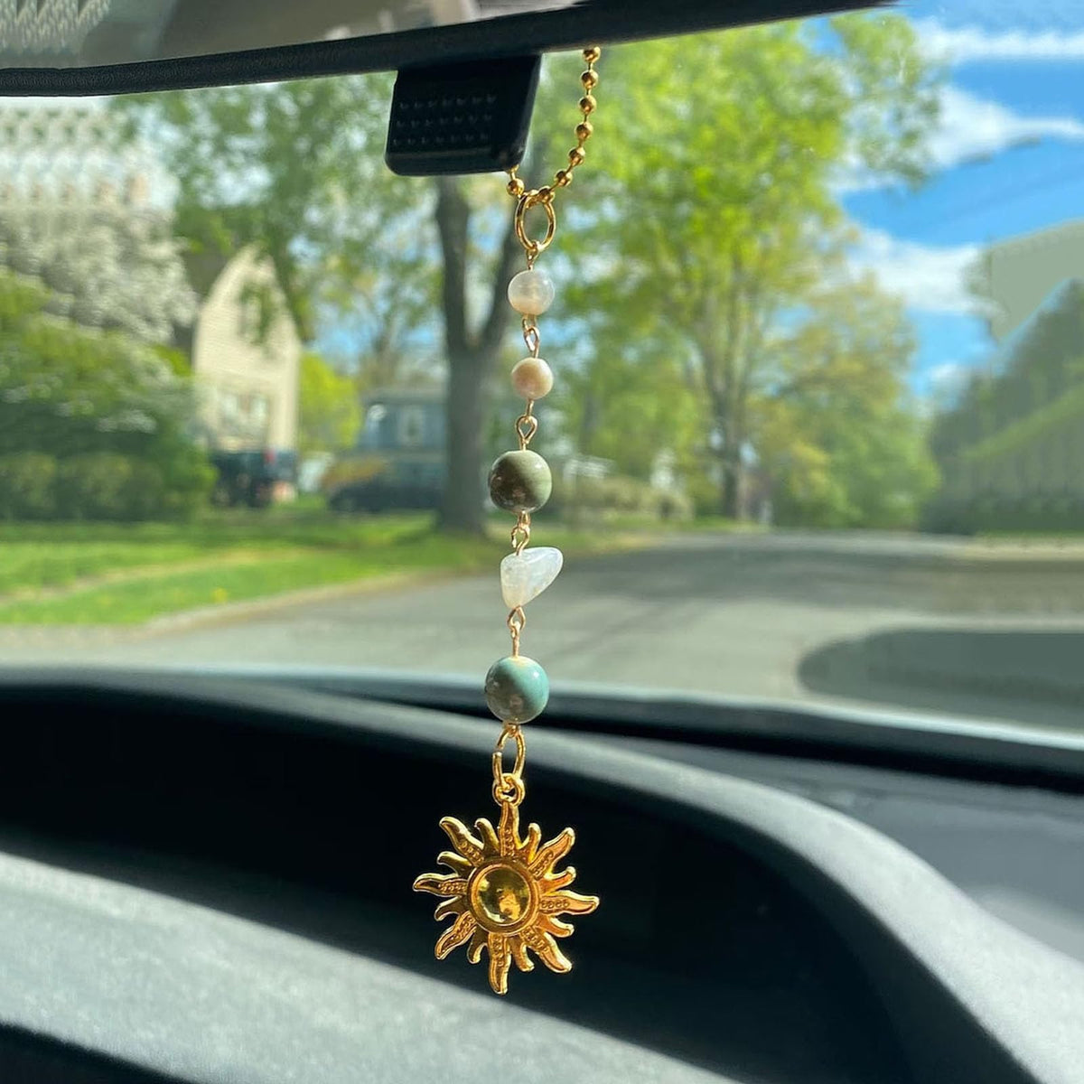 Sun Hanging Car Charm,Gold Rear View Mirror Accessories,Boho Crystals Decor