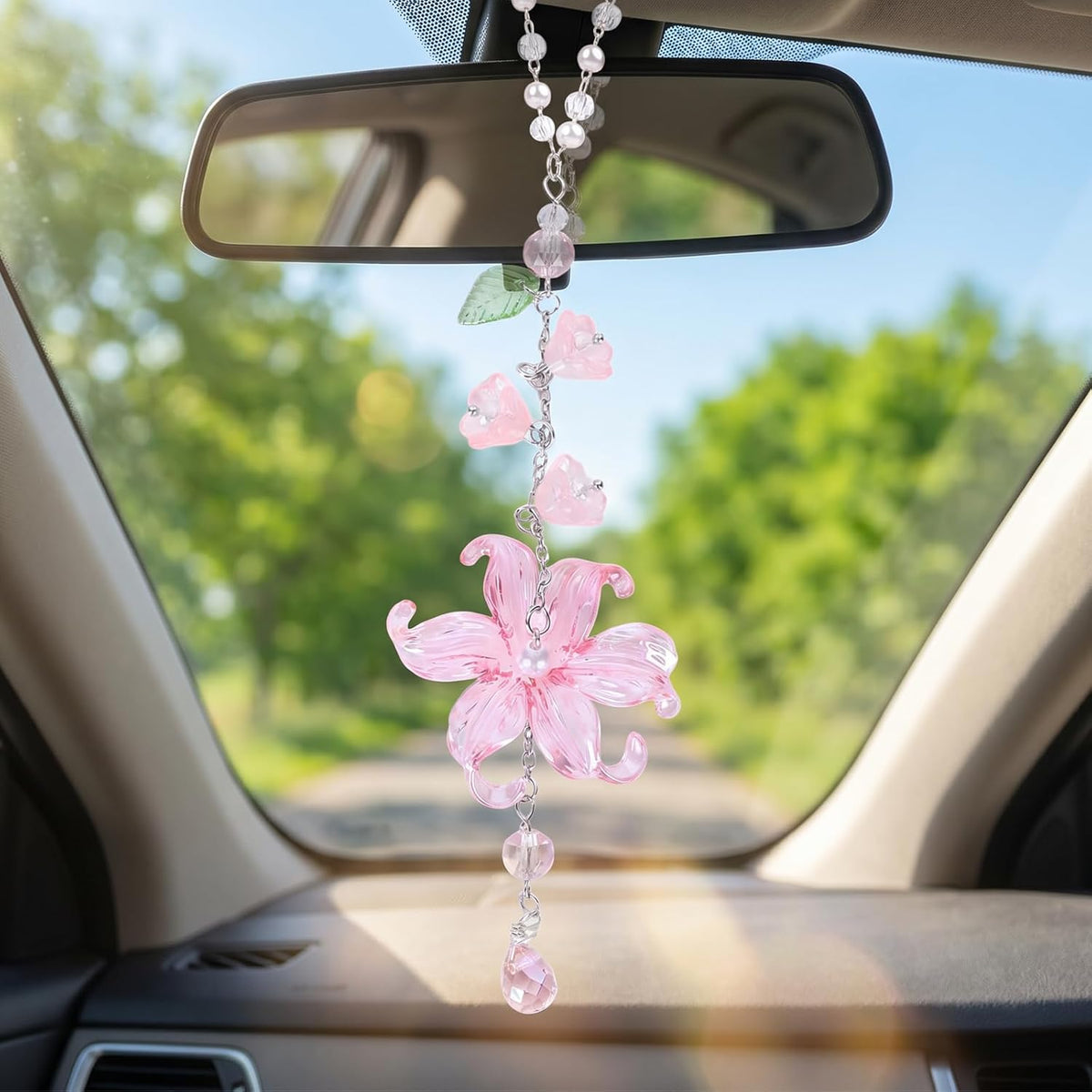 Lily of the Valley Car Charm Hanging Ornament - Floral Rear View Mirror Pendant with Crystal Leaf Beads, Handmade Resin Flower Auto Interior Accessory for Car Truck SUV, Gift for Women Girls (Pink)