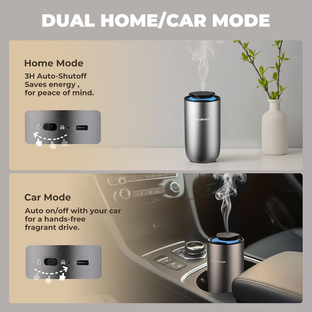 HAUSHOF Waterless Essential Oil Diffuser for Home & Car, Rechargeable