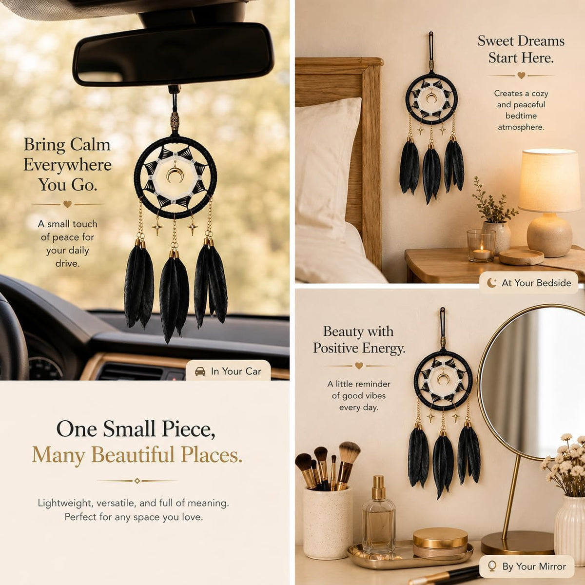 Dream Catchers for Car Small Moon Dreamcatcher Rear View Mirror Hanging Decor Car Charms Pendant Gift for Adults Black