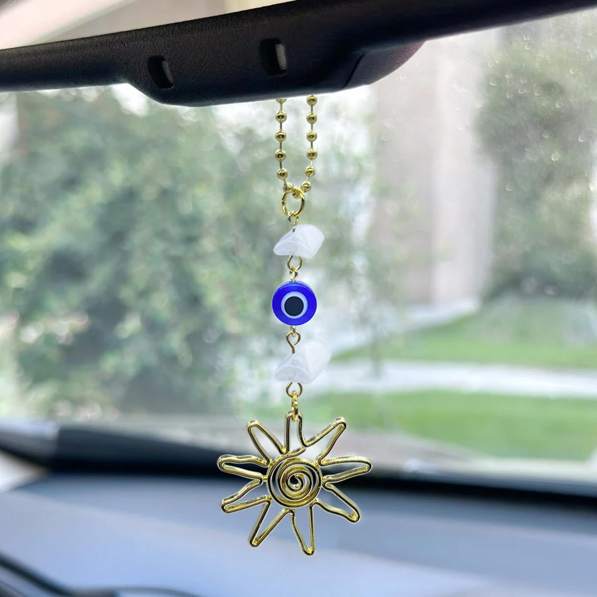 Sun Hanging Car Charm,Gold Rear View Mirror Accessories,Boho Crystals Decor