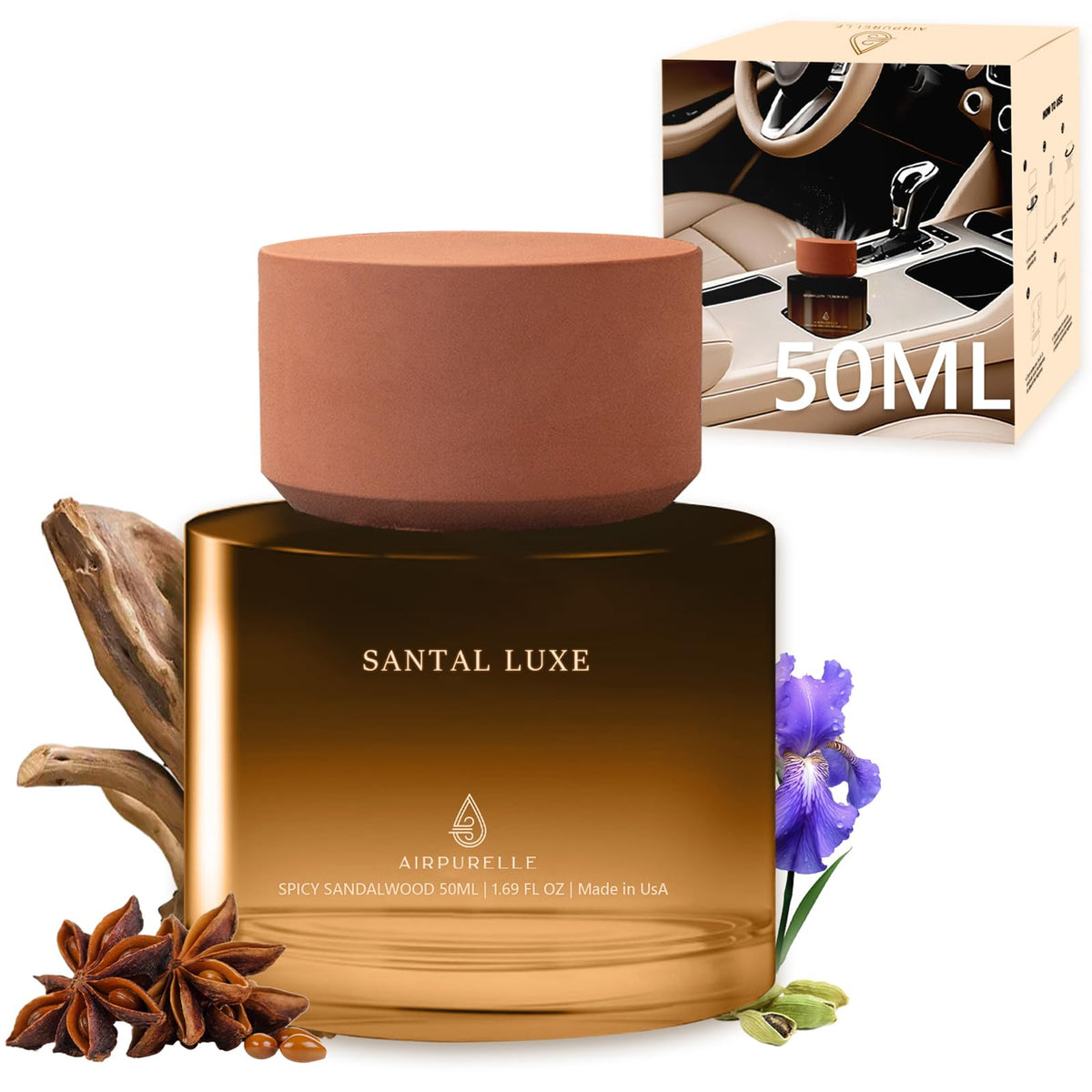 Car Air Freshener 50ML (1.7 FL OZ) Car Air Fresheners Diffuser, Amber Vanilla Fragrance Oil Car Air Freshner, 180+ days Long Lasting Car Perfume, Wooden Cup Design, Made in USA