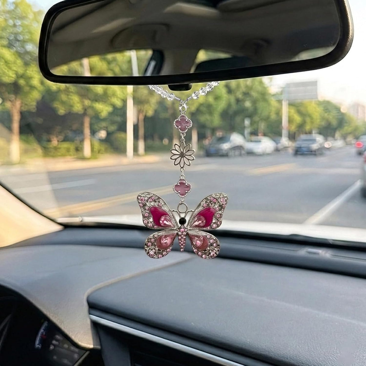 Butterfly Car Accessories Rearview Mirror Hanging Charm, Crystal Suncatcher Car Decor for Women, Aesthetic Hanging Crystals Rainbow Maker Ornament for Automotive Windows Home Room (Pink)