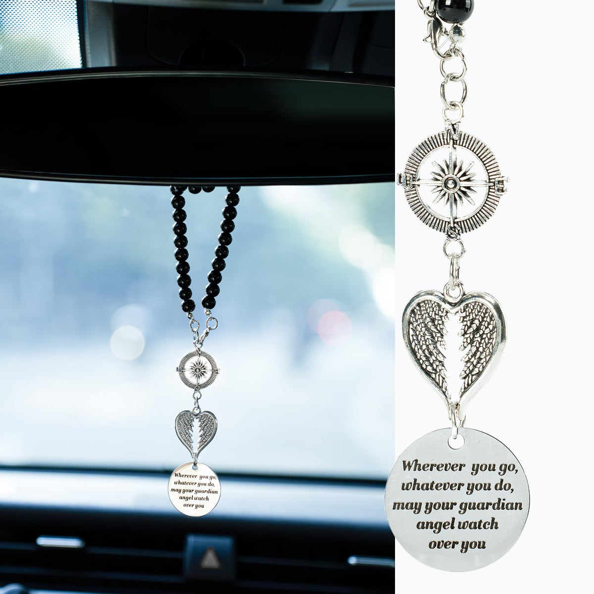 Rislobx Angel Wings Hanging Ornaments for Car Rear View Mirror, Metal Guardian Angel Wings Car Charm Pendant Rear View Mirror Hanger Decor for Lover Family Christian Gifts