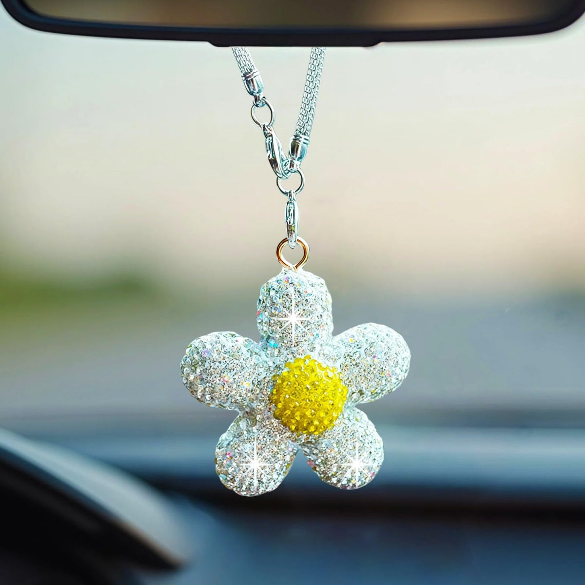 Bling Daisy Flower Car Hanging Ornament for Women, Cute Crystal Rear View Mirror Pendant Charms Sparkly Diamond Aesthetic Automotive Interior Decor Accessories (Yellow)