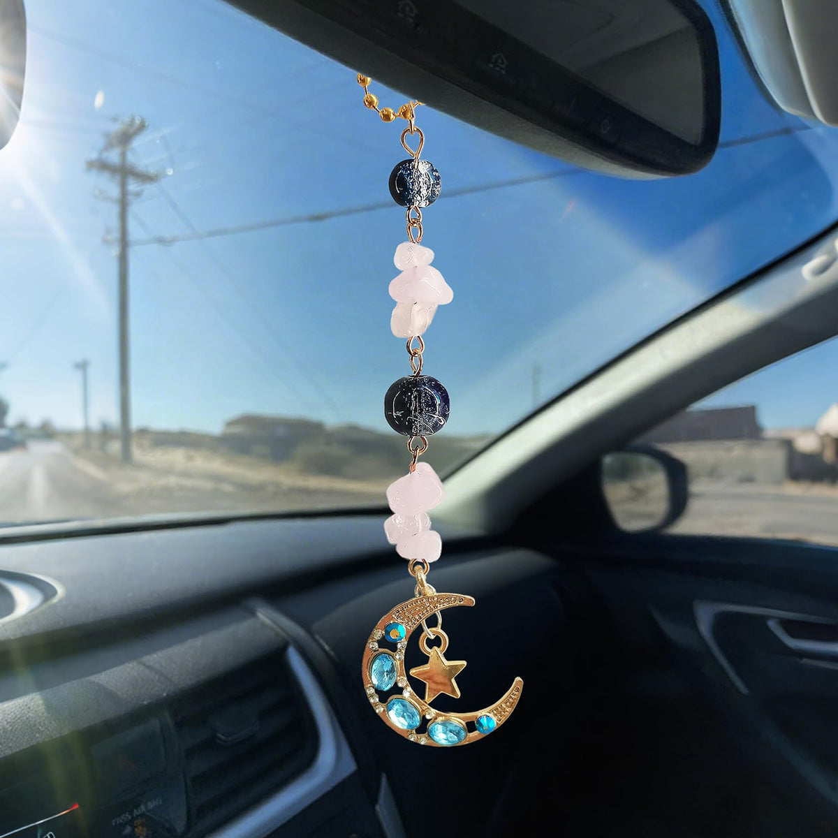 Sun Moon Car Charm Hanging, Boho Dangling Automotive Decor-Rear View Mirror Decoration with Handmade Healing Crystals Stones, Cute Interior Ornament Car Accessories