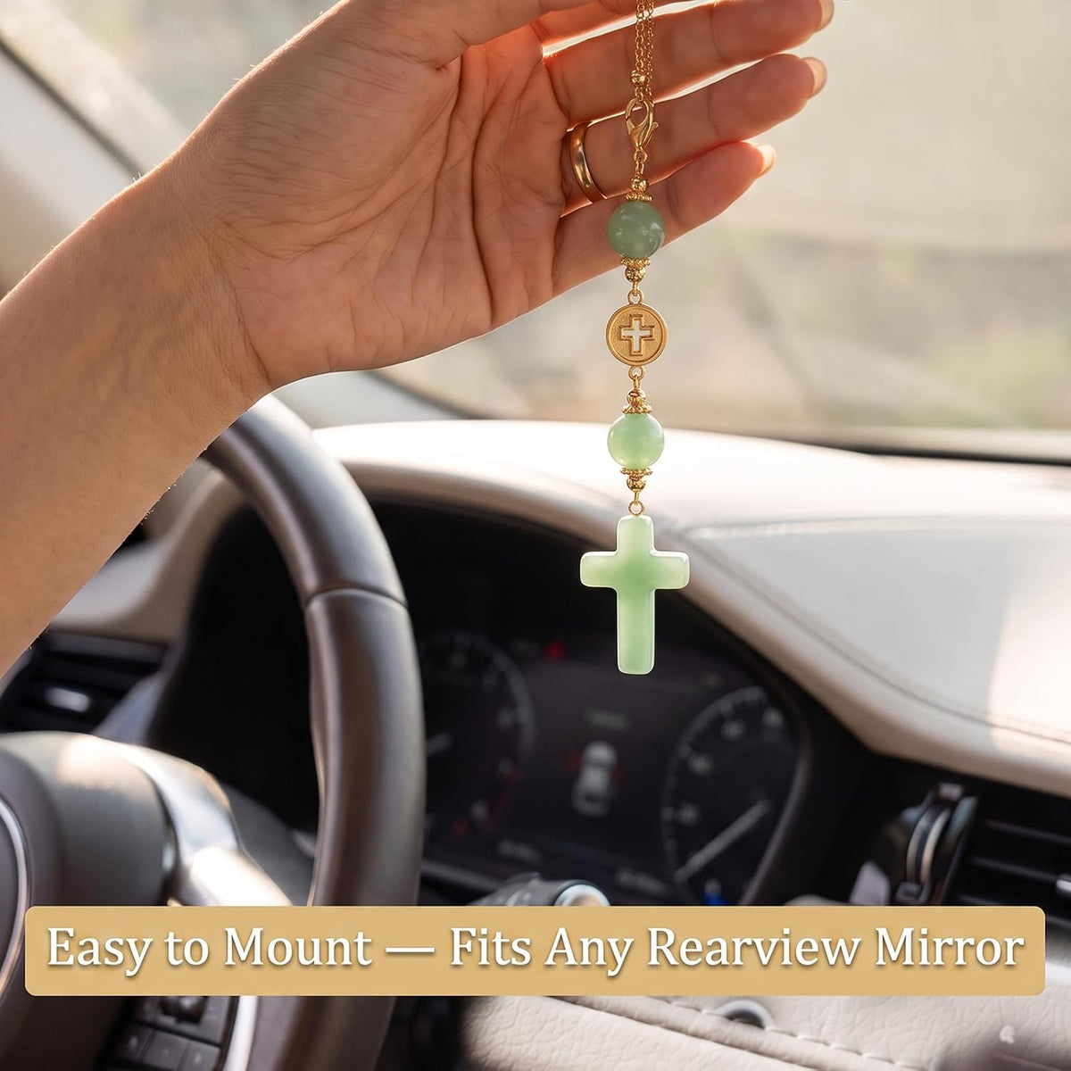 Green Crystal Cross Car Hanging Charm, Boho Blessing Rear View Mirror Ornament, Healing Stone Car Decor Accessories for Women
