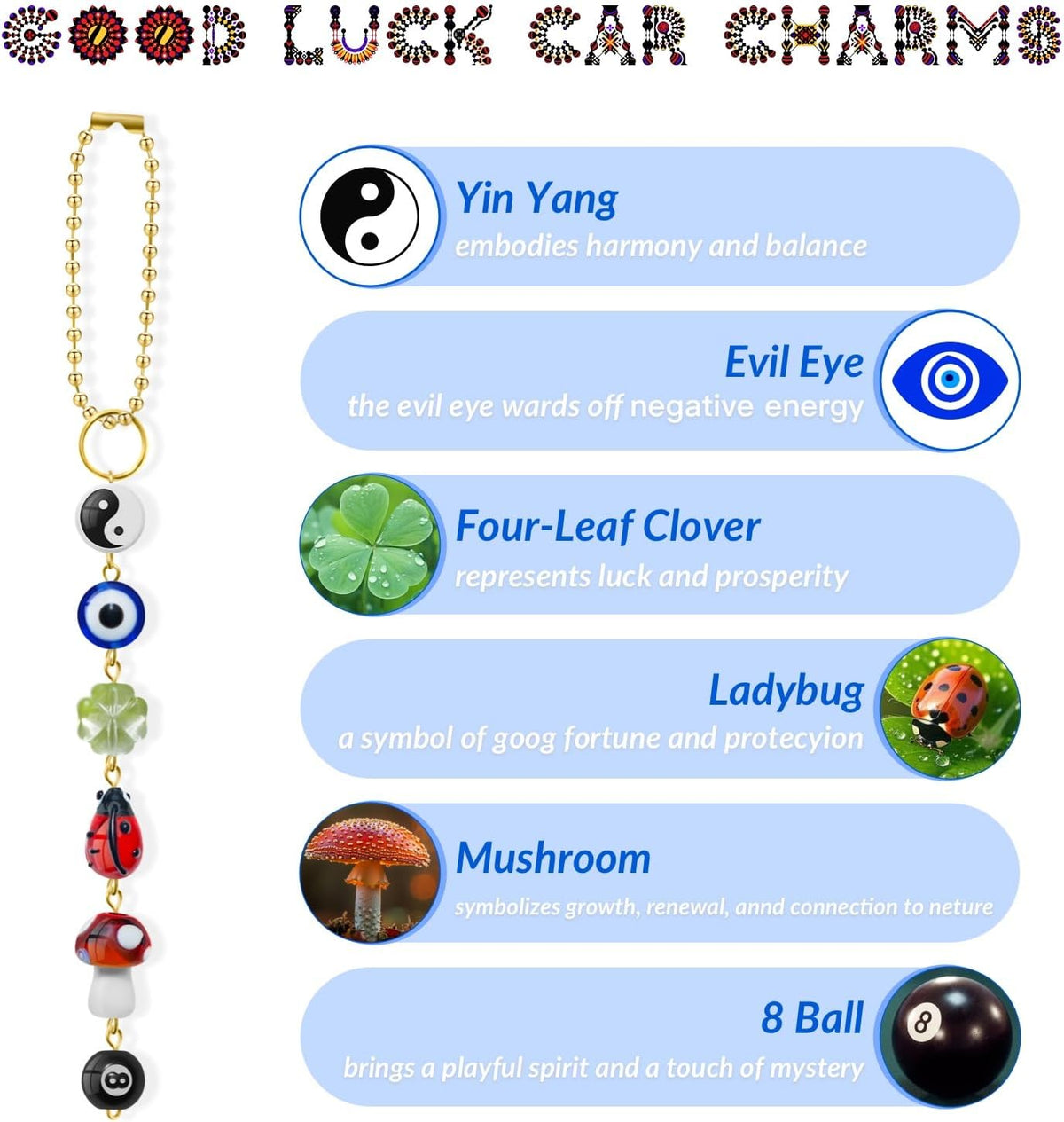Evil Eye Car Hanging Ornament, Cute Good Luck Rearview Mirror Charm