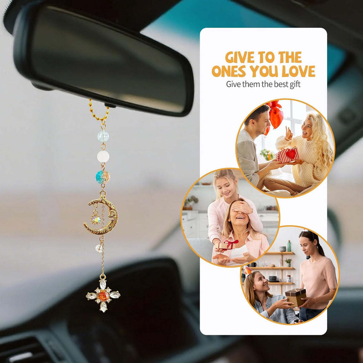 Sun Moon Car Charm Hanging, Boho Dangling Automotive Decor-Rear View Mirror Decoration with Handmade Healing Crystals Stones, Cute Interior Ornament Car Accessories
