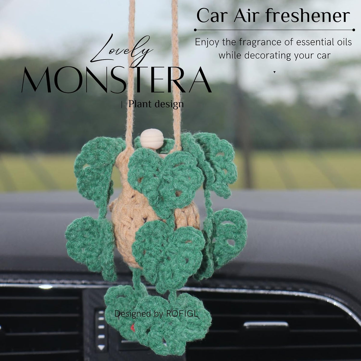 Cute Crochet Car Plant Monstera Essential Oil Diffuser Bottle - 12ml Refillable, Green Car Accessory for Mirror Decor and Home Decor