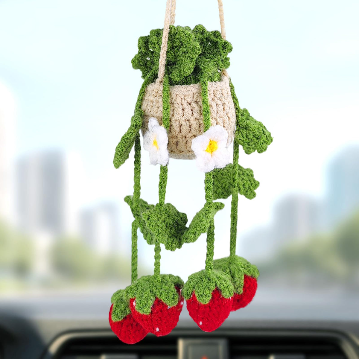 Crochet Strawberry and Flower Car Hanging Ornaments, Cute Aesthetic Rearview Mirror Hanging Accessories for Women and Girls, Handmade Polyester Fiber Car Decor 2-Pack