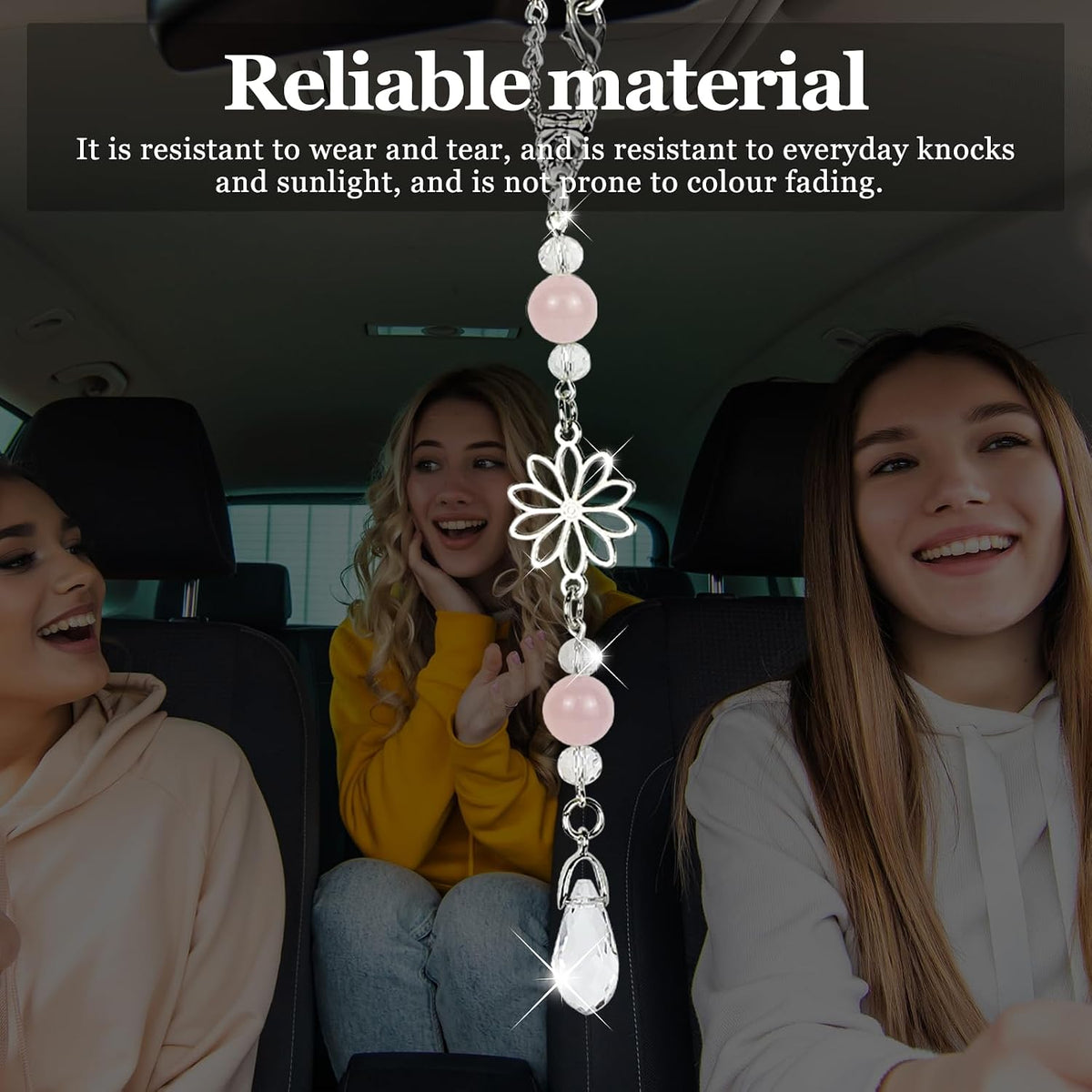 Hovom Flower Car Charm for Rear View Mirror, Cute Crystal Rearview Mirror Hanging Ornaments, Auto Window Boho Hanging Pendant Sun Catcher, Car Decorations Gifts for Women Girls (Pink)