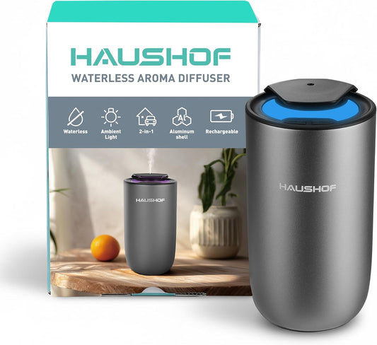 HAUSHOF Waterless Essential Oil Diffuser for Home & Car, Rechargeable