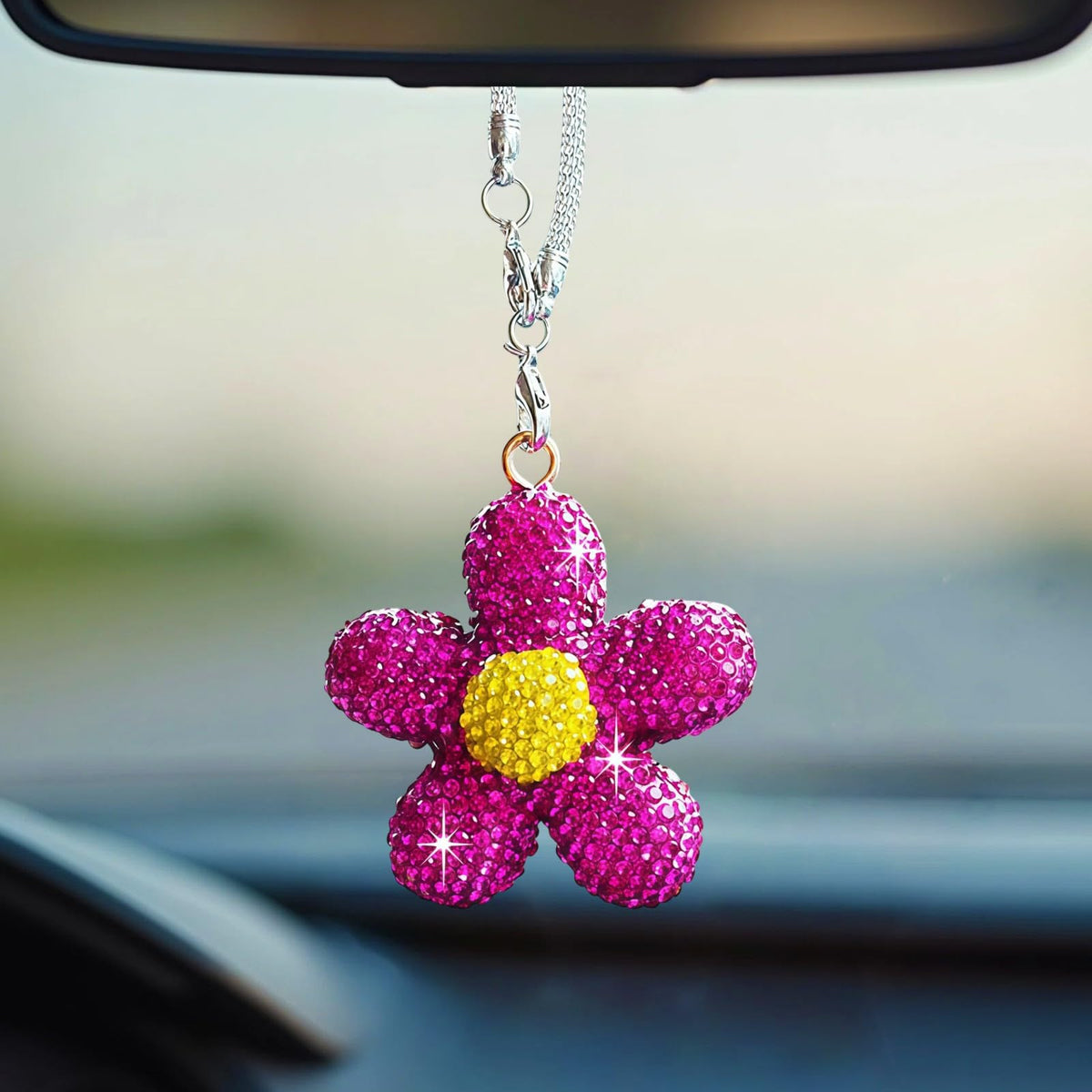 Bling Daisy Flower Car Hanging Ornament for Women, Cute Crystal Rear View Mirror Pendant Charms Sparkly Diamond Aesthetic Automotive Interior Decor Accessories (Yellow)