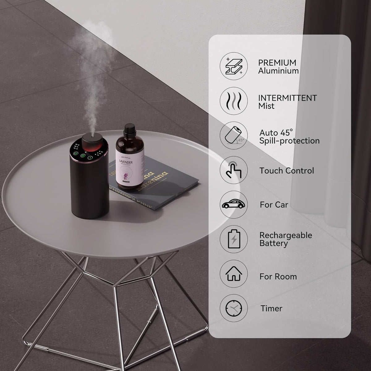 Waterless Essential Oil Diffuser Aromatherapy Scent Diffusers for Home Large Room, Bedroom, Car, Office, Desk, Battery Operated Mini Portable Air Freshener, 3 Countdown Timers & 3 Mist Levels