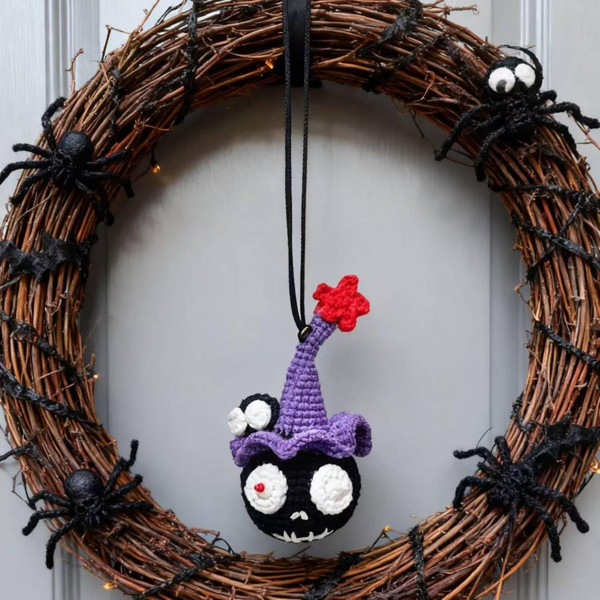 Hand Crocheted Cute Black Cartoon Hanging Ornament, Wool Car Rearview Mirror Charm, Decorative Pendant for Bag, Keychain & Home, Unique Handmade Gift (Black)