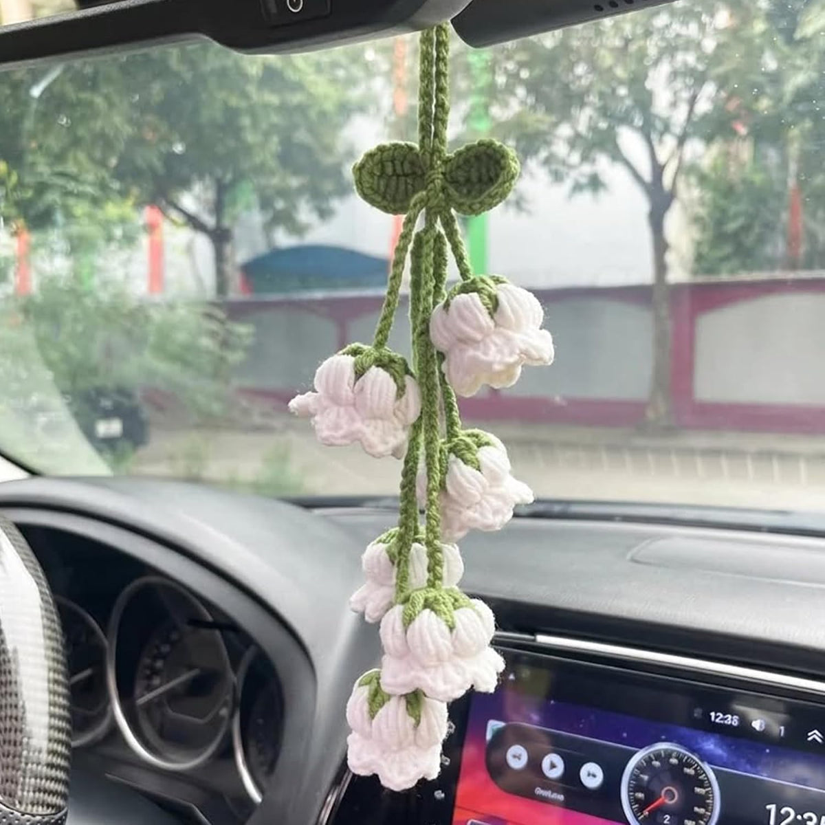 Crochet Lily Car Hanging, Handmade Lily Rearview Mirror Charm, Boho Car Decor, Crochet Flower Car Accessory, for Her D9