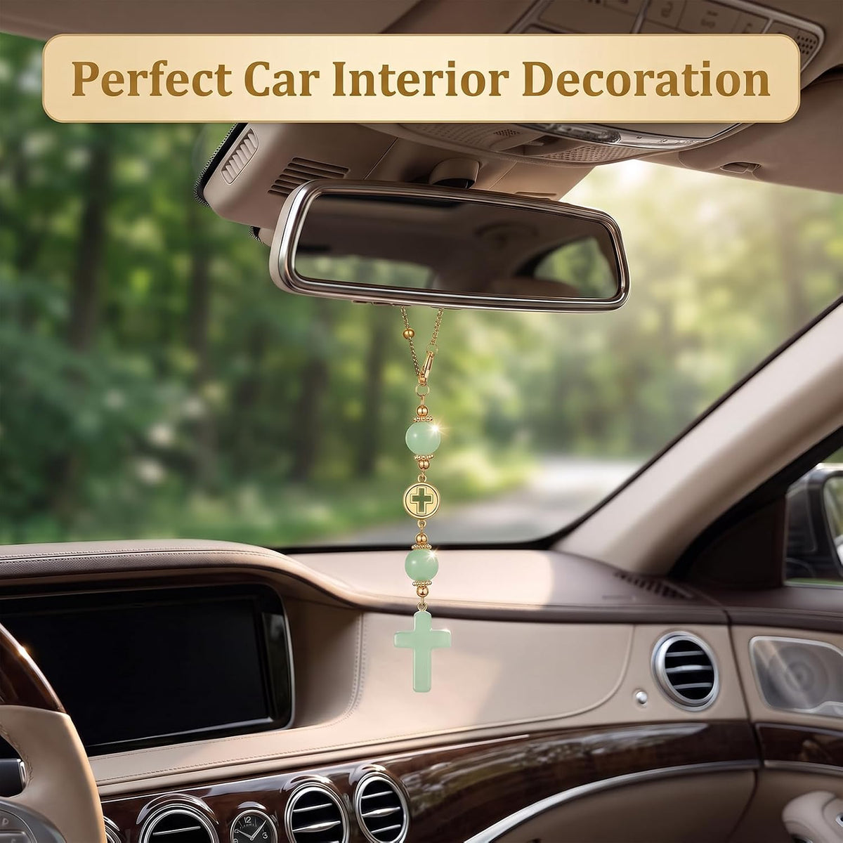 Green Crystal Cross Car Hanging Charm, Boho Blessing Rear View Mirror Ornament, Healing Stone Car Decor Accessories for Women