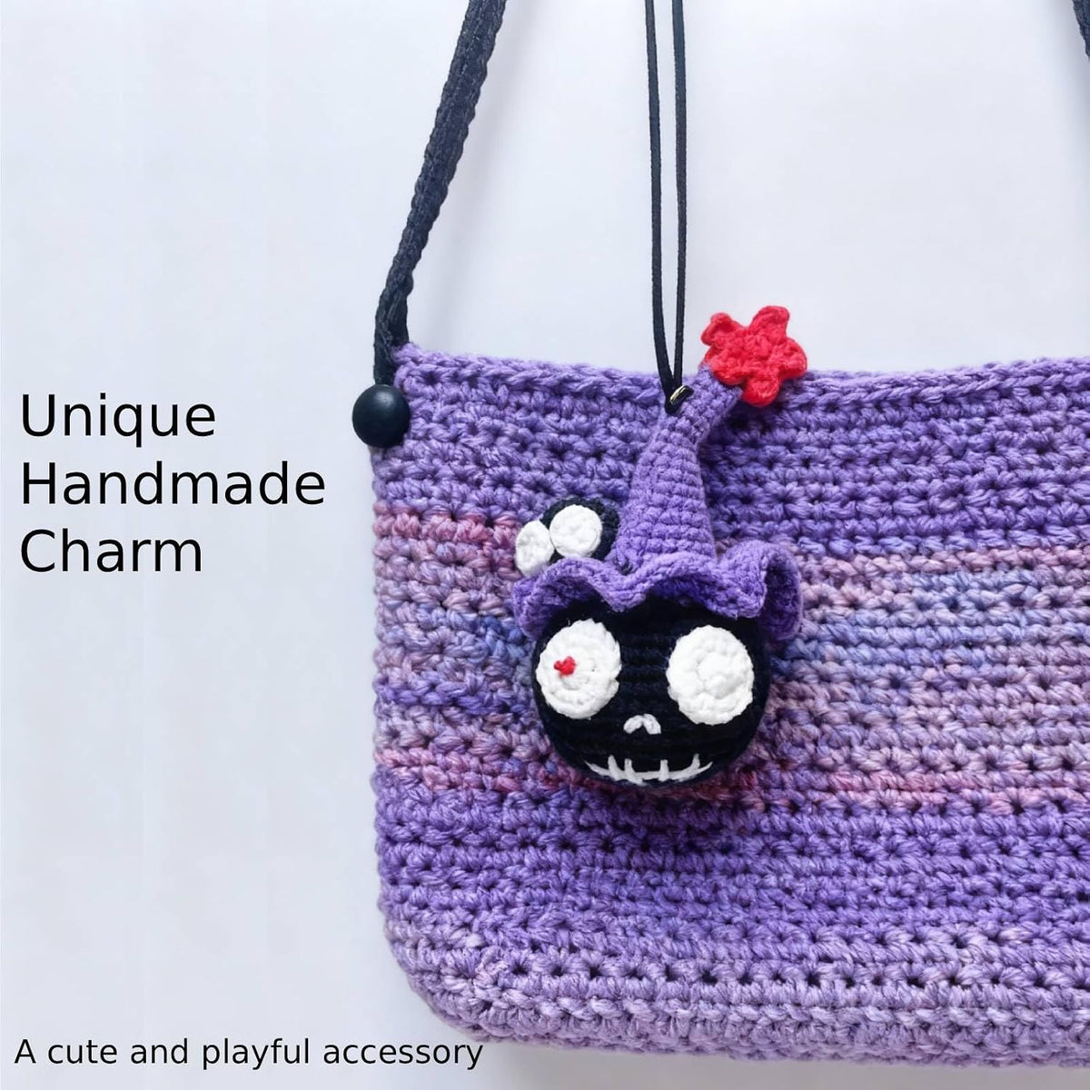 Hand Crocheted Cute Black Cartoon Hanging Ornament, Wool Car Rearview Mirror Charm, Decorative Pendant for Bag, Keychain & Home, Unique Handmade Gift (Black)