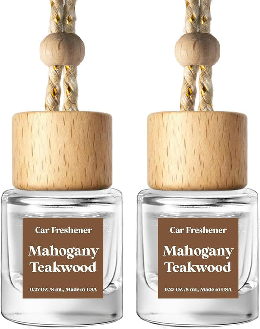 C Classy Car Air Freshener Hanging 2 Pack, Mahogany Teakwood Essential Oil Diffuser, Cute Glass Bottle, Long-Lasting Fragrance Car Accessories for Women & Men, Made in USA