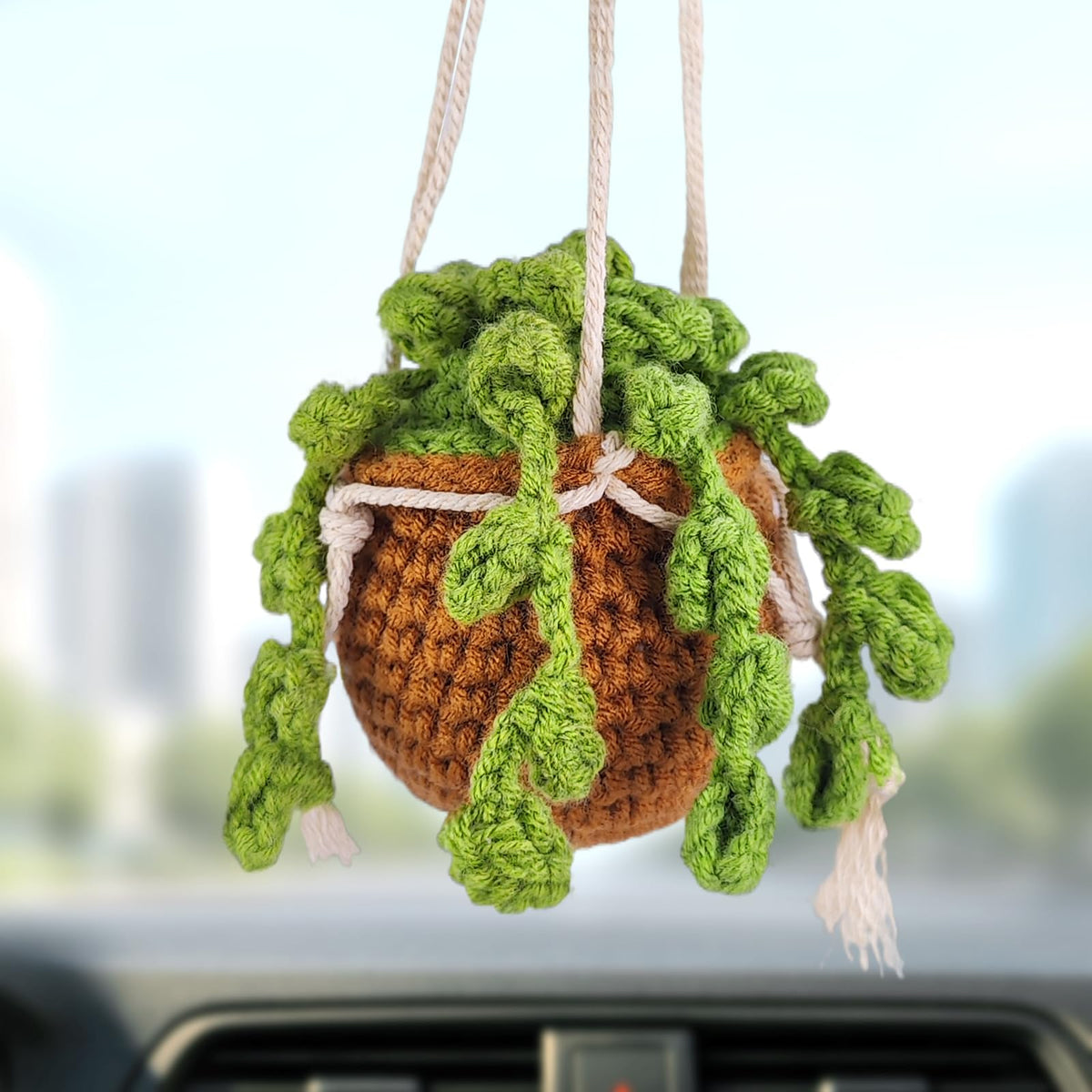 Crochet Strawberry and Flower Car Hanging Ornaments, Cute Aesthetic Rearview Mirror Hanging Accessories for Women and Girls, Handmade Polyester Fiber Car Decor 2-Pack