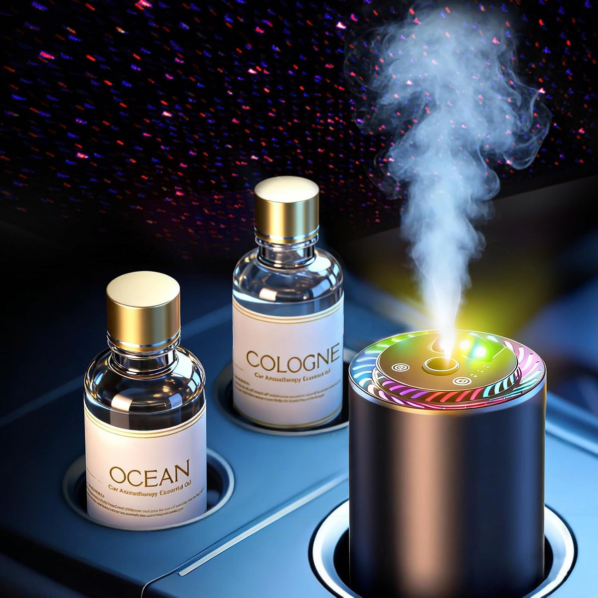 Smart Car Air Freshener with Star Light & 100ml Diffusers Oil Refills, Auto On/Off Aroma Diffuser, 3 Adjustable Mist Modes Rechargeable Aromatizante para Carro - Car Diffuser（Cologne+Ocean）