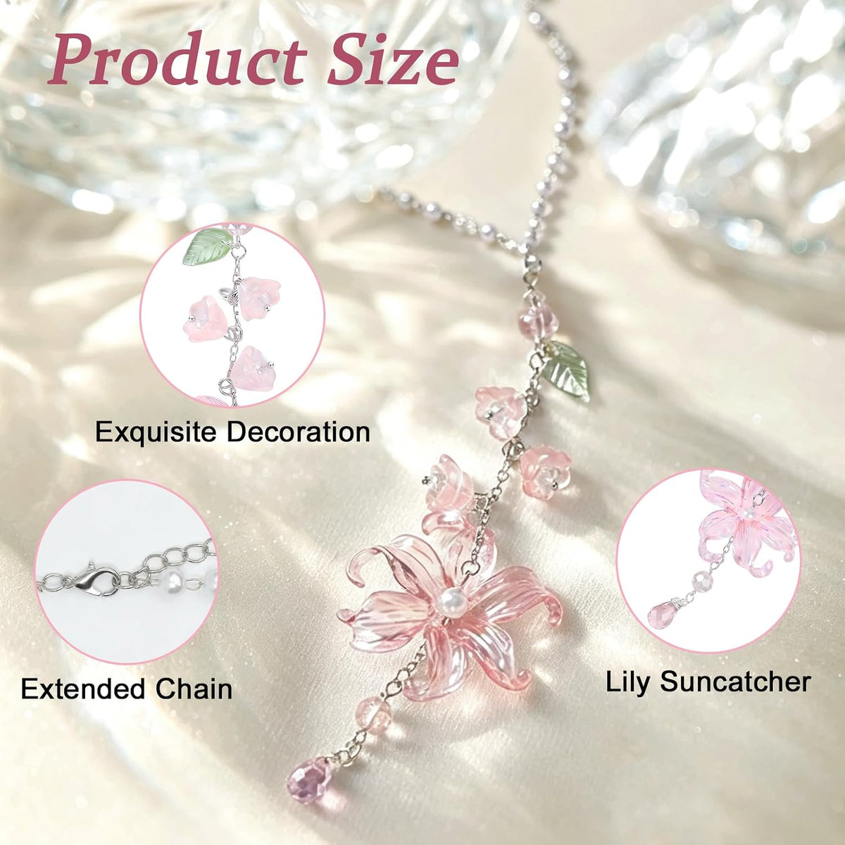 Lily of the Valley Car Charm Hanging Ornament - Floral Rear View Mirror Pendant with Crystal Leaf Beads, Handmade Resin Flower Auto Interior Accessory for Car Truck SUV, Gift for Women Girls (Pink)