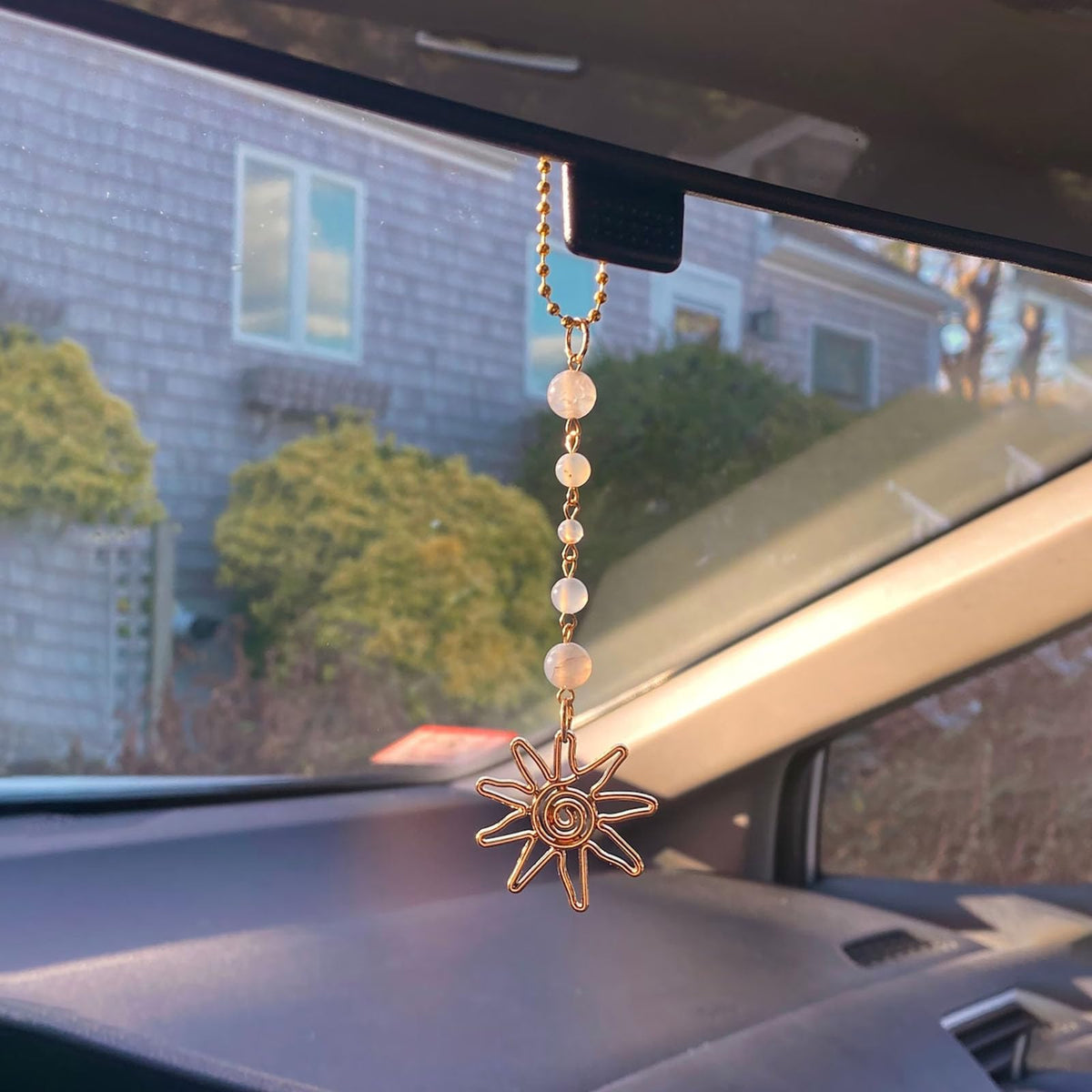 Sun Hanging Car Charm,Gold Rear View Mirror Accessories,Boho Crystals Decor