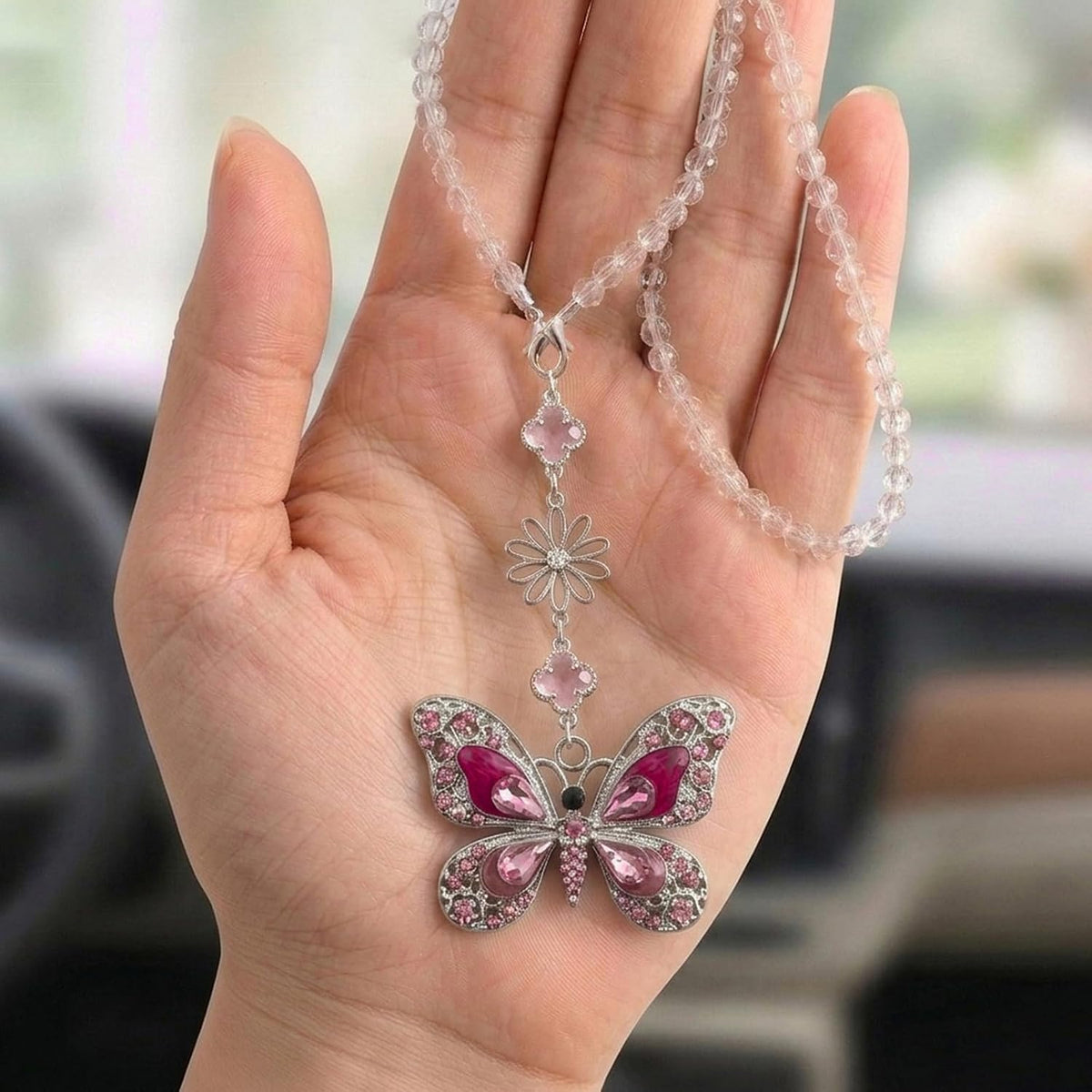 Butterfly Car Accessories Rearview Mirror Hanging Charm, Crystal Suncatcher Car Decor for Women, Aesthetic Hanging Crystals Rainbow Maker Ornament for Automotive Windows Home Room (Pink)