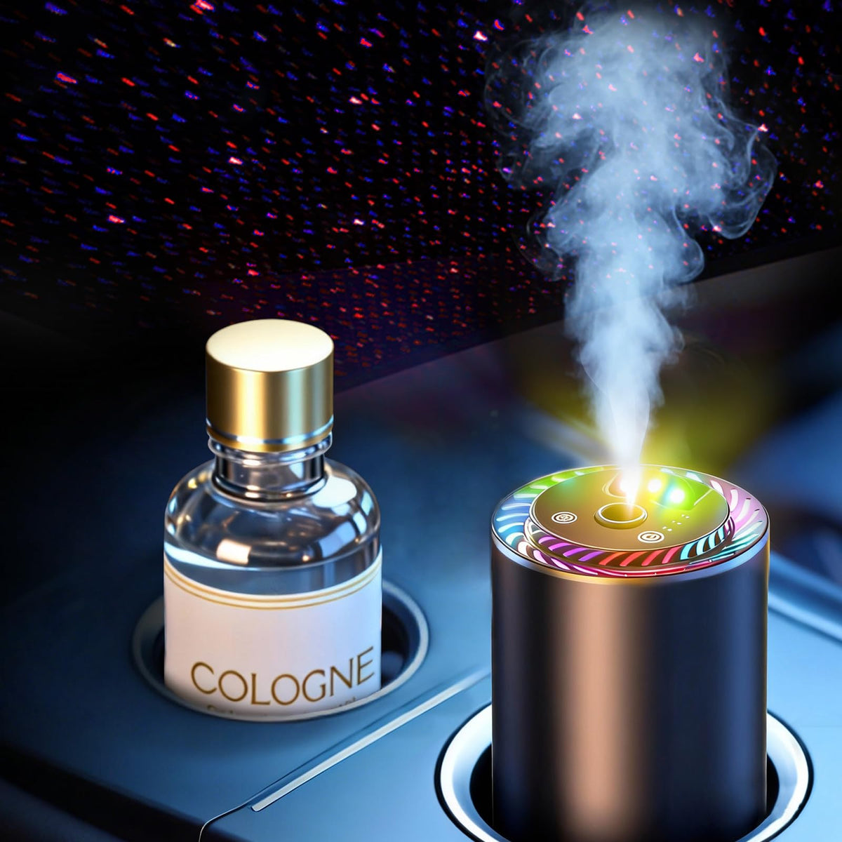 Smart Car Air Freshener with Star Light & 100ml Diffusers Oil Refills, Auto On/Off Aroma Diffuser, 3 Adjustable Mist Modes Rechargeable Aromatizante para Carro - Car Diffuser（Cologne+Ocean）