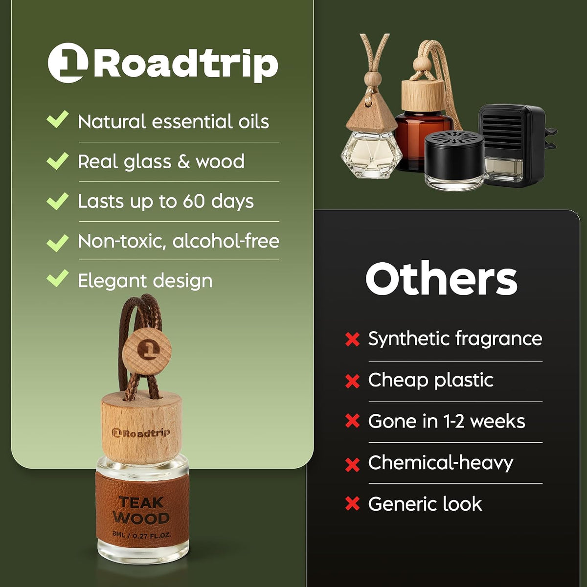 Hanging Car Air Freshener Essential Oil 2 Pack 8ml - Teak Wood