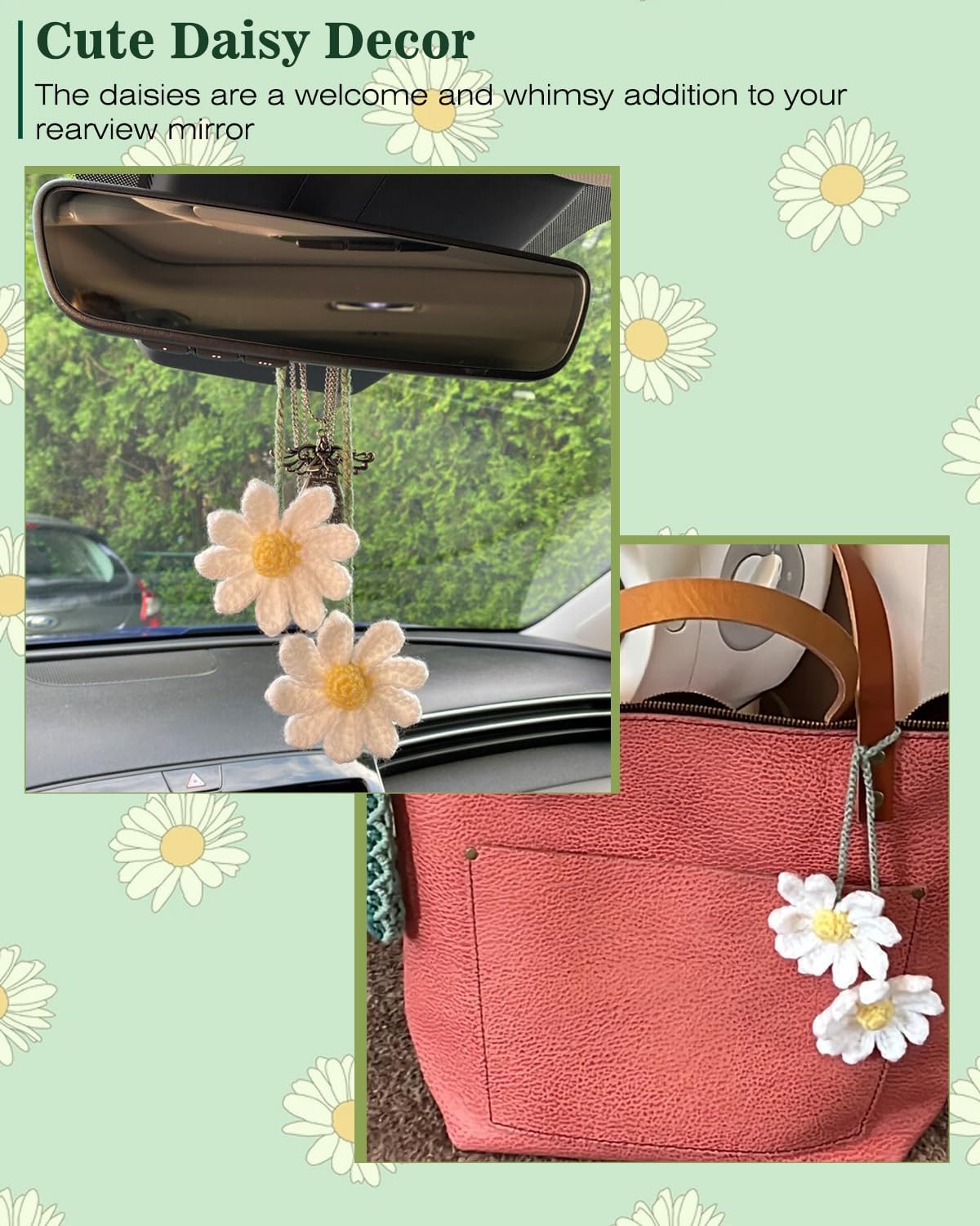 Crochet Daisy Car Accessories for Women Cute Rear View Mirror Hanging Charm