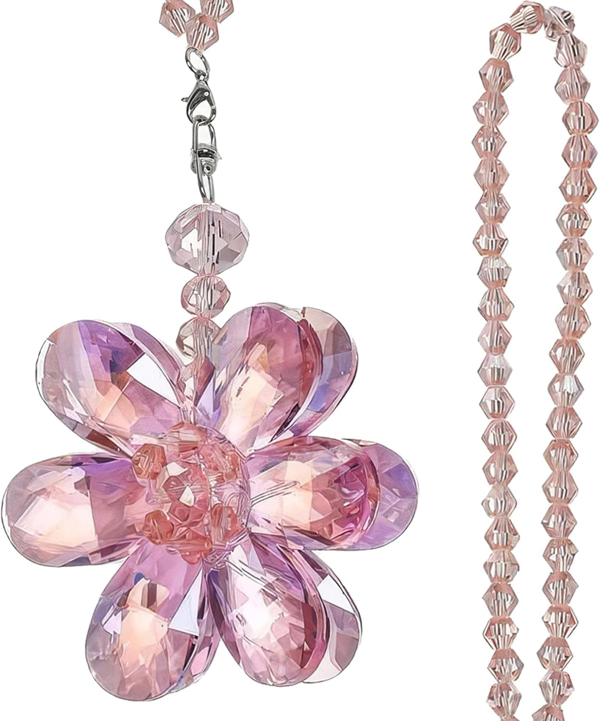 Pink Crystal Flower Car Charm for Women - Feng Shui Rearview Mirror Hanging Ornament - Crystal Bead Auto Interior Decor