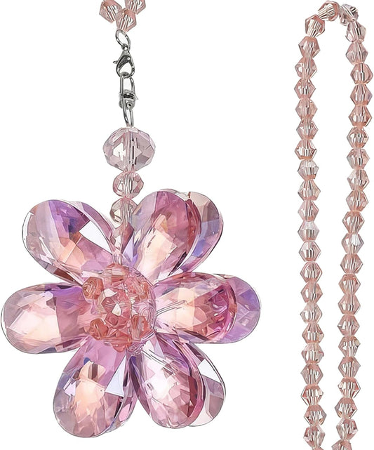 Pink Crystal Flower Car Charm for Women - Feng Shui Rearview Mirror Hanging Ornament - Crystal Bead Auto Interior Decor