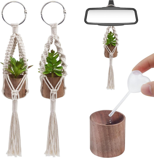 2 Pack Plant Car Mirror Hanging Accessories Cute Crochet Plant Car Air Freshener with Wooden Essential Oil Diffusers Reusable Mini Macrame Boho Plant for Rear View Mirror Home Office Decor