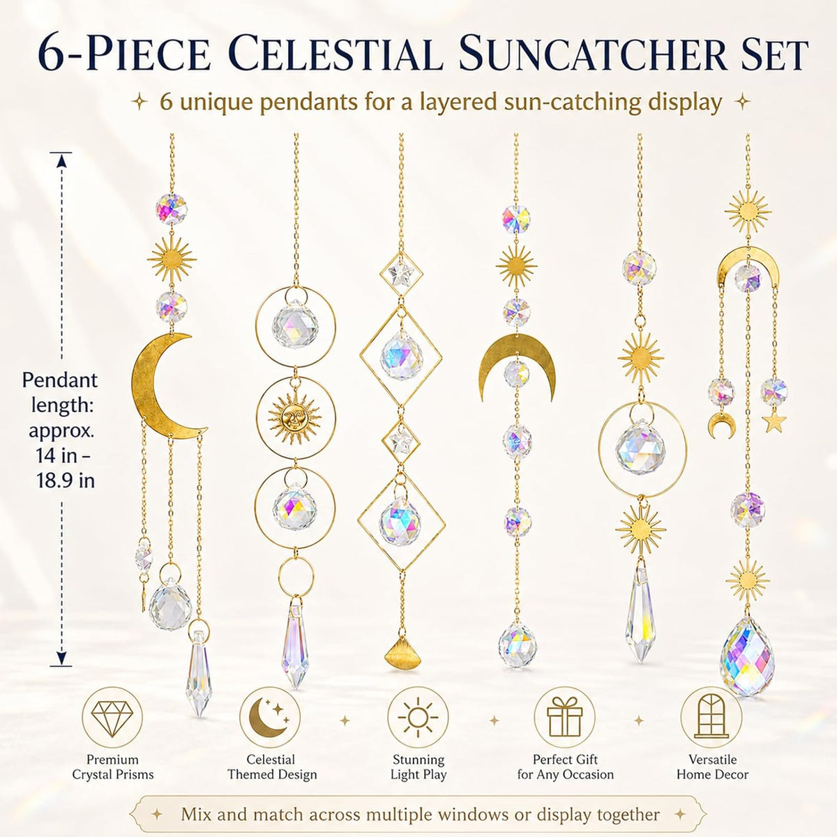 6Pieces Colorful Crystals Suncatcher Hanging Sun Catcher with Chain
