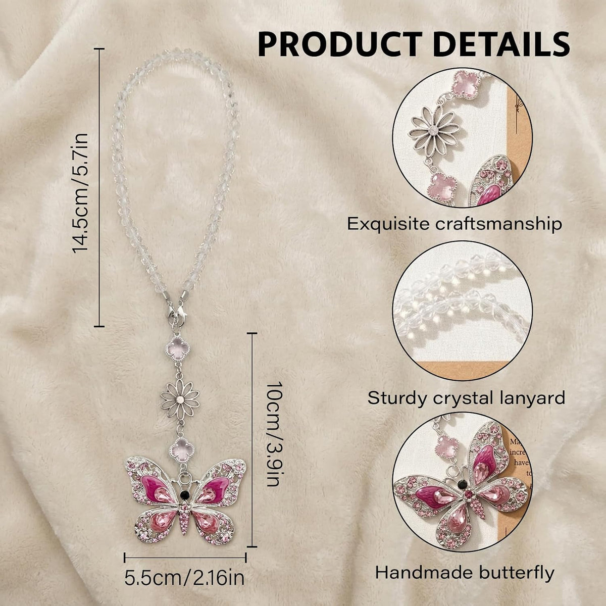 Butterfly Car Accessories Rearview Mirror Hanging Charm, Crystal Suncatcher Car Decor for Women, Aesthetic Hanging Crystals Rainbow Maker Ornament for Automotive Windows Home Room (Pink)