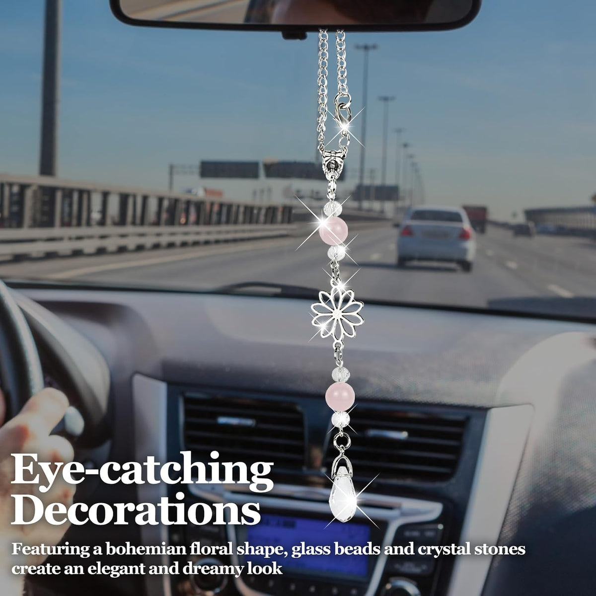 Hovom Flower Car Charm for Rear View Mirror, Cute Crystal Rearview Mirror Hanging Ornaments, Auto Window Boho Hanging Pendant Sun Catcher, Car Decorations Gifts for Women Girls (Pink)