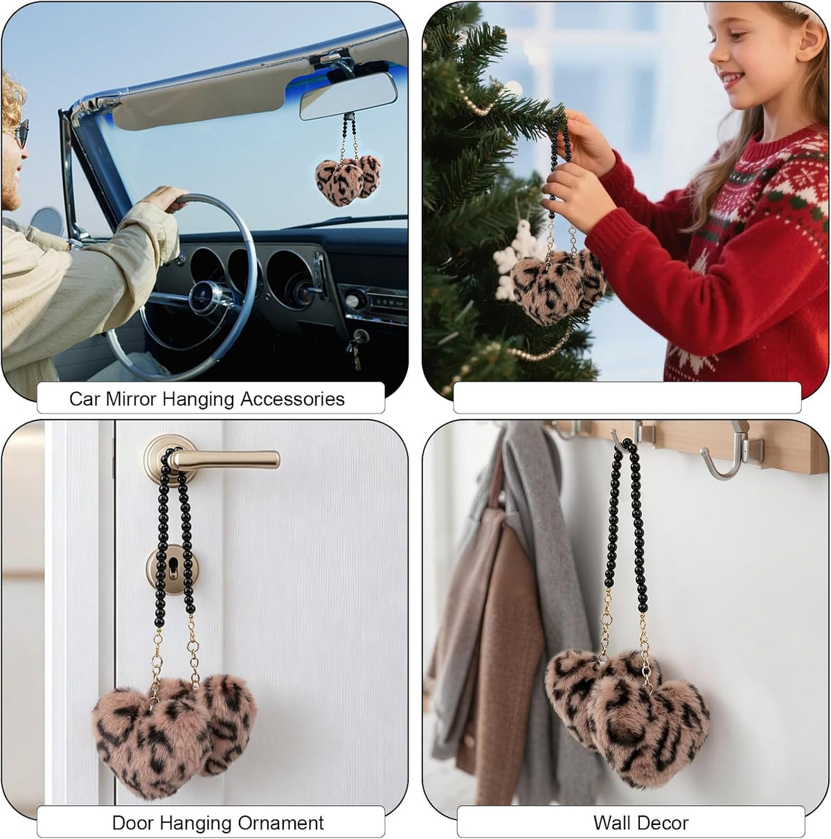YGMONER Leopard Fuzzy Heart Car Mirror Hanging Accessories, Pair of Fluffy Cheetah Heart Shape Pendant with Glass Bead Chain - Elegant Rear View Mirror Decor Accessory (Brown Leopard)