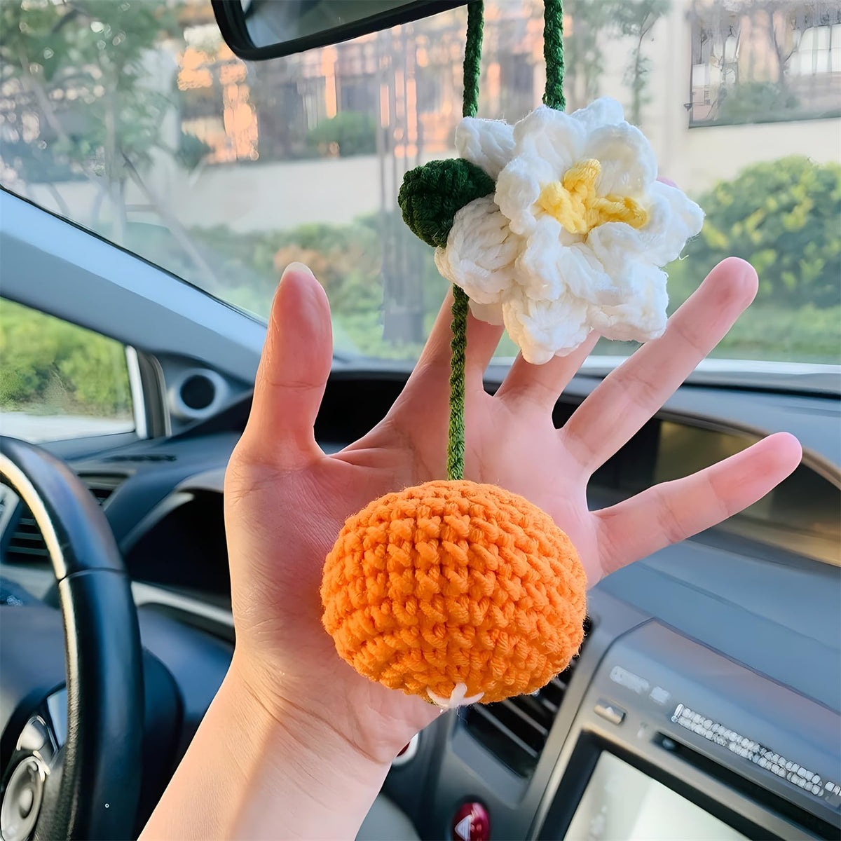 Cute Bowknot Love Car Mirror Hanger, Crochet Hand Knitted Rear View Mirror Accessory