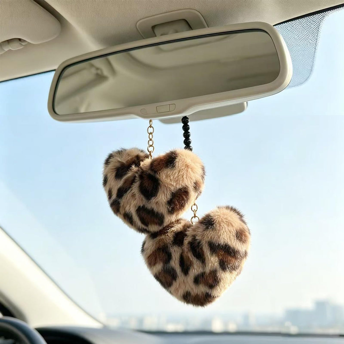 YGMONER Leopard Fuzzy Heart Car Mirror Hanging Accessories, Pair of Fluffy Cheetah Heart Shape Pendant with Glass Bead Chain - Elegant Rear View Mirror Decor Accessory (Brown Leopard)