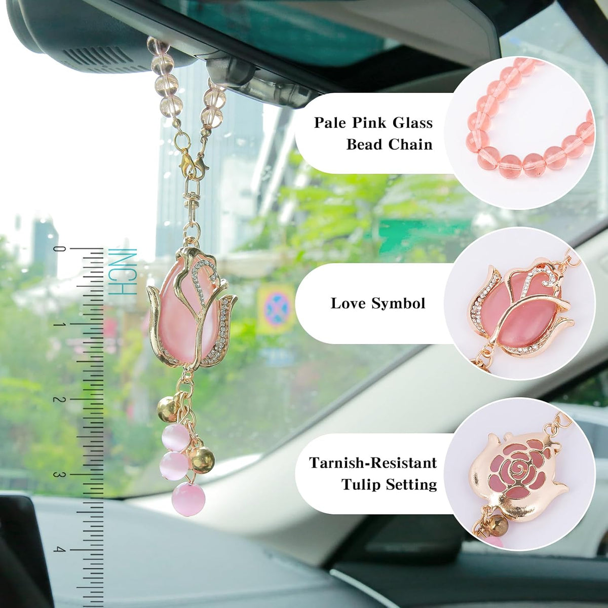 YGMONER Tulip Car Mirror Hanging Ornaments Pink Cat's Eye Stone Flower Charm - 9 Inch Elegant for Women's Auto Decor Accessories