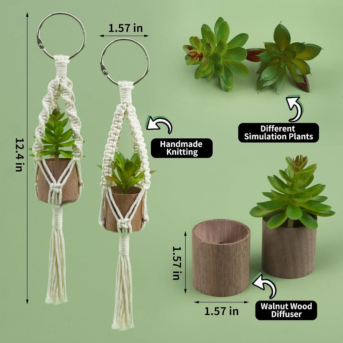 2 Pack Plant Car Mirror Hanging Accessories Cute Crochet Plant Car Air Freshener with Wooden Essential Oil Diffusers Reusable Mini Macrame Boho Plant for Rear View Mirror Home Office Decor