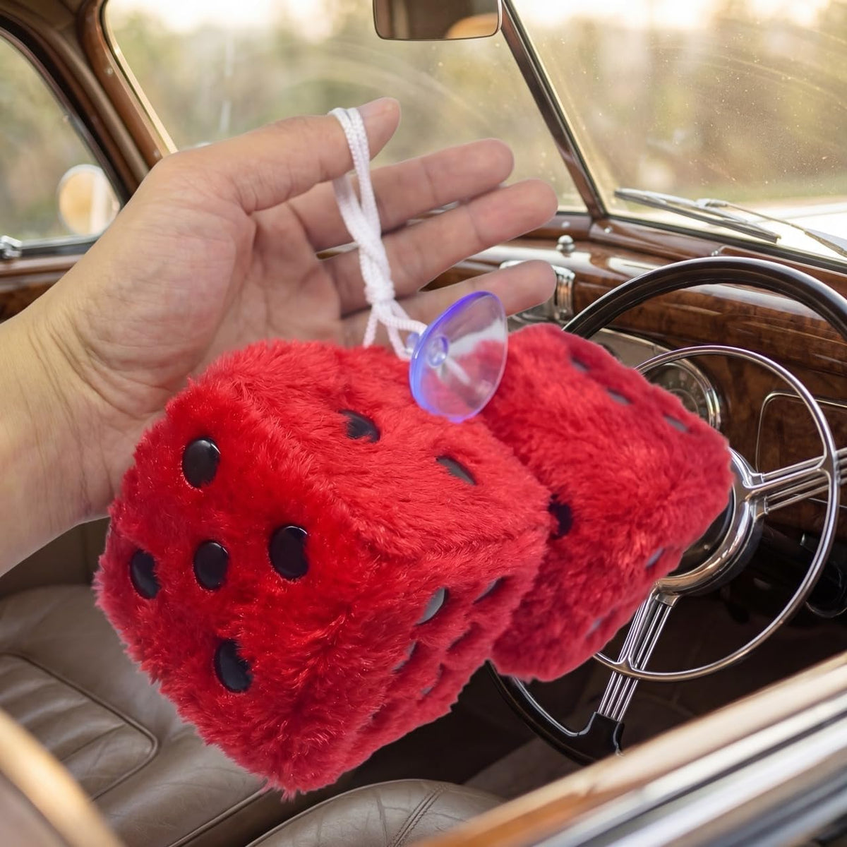 Fuzzy Plush Dice for Car Mirror, Pair of Retro 3” Red Dice with Black Dots for Car Interior Hanging Ornament Decoration