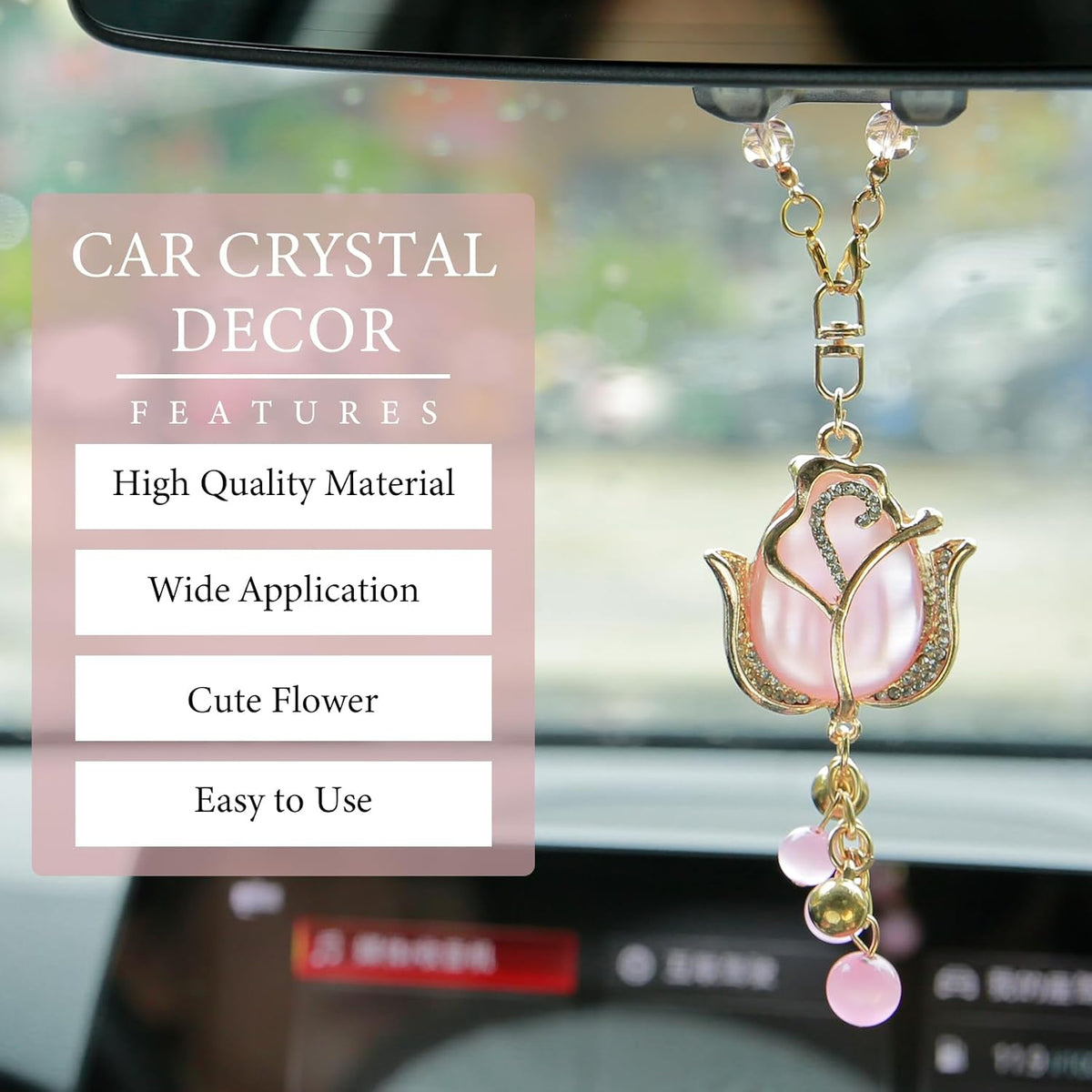 YGMONER Tulip Car Mirror Hanging Ornaments Pink Cat's Eye Stone Flower Charm - 9 Inch Elegant for Women's Auto Decor Accessories