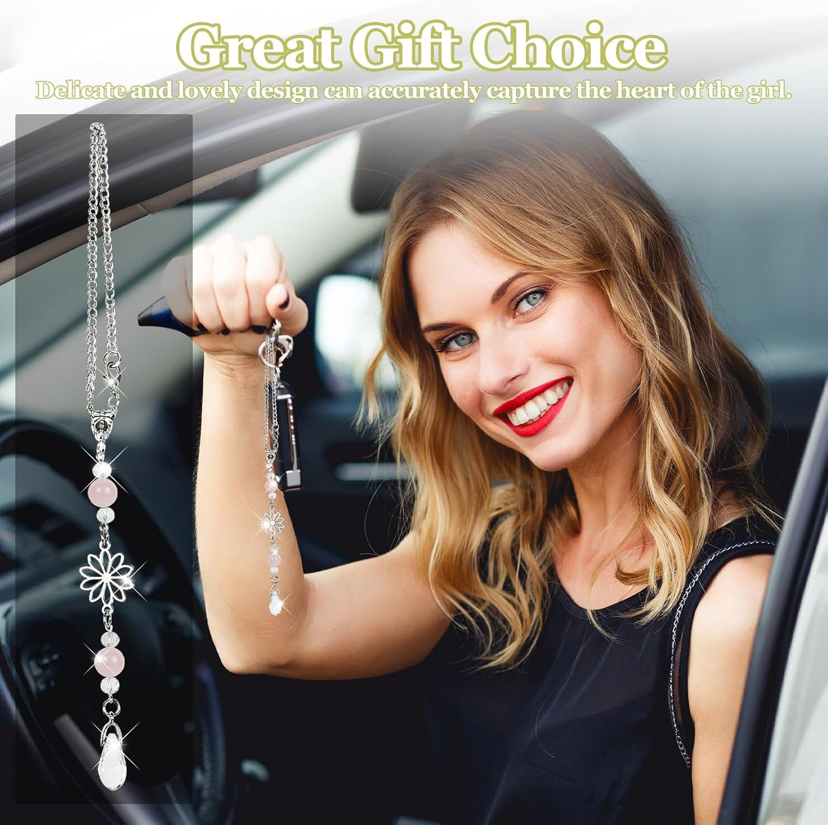 Hovom Flower Car Charm for Rear View Mirror, Cute Crystal Rearview Mirror Hanging Ornaments, Auto Window Boho Hanging Pendant Sun Catcher, Car Decorations Gifts for Women Girls (Pink)